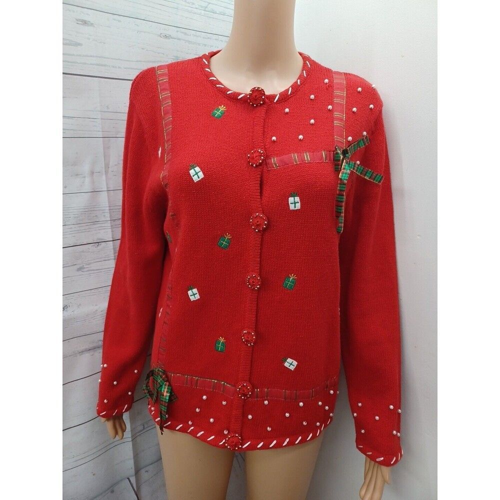 Ugly CHRISTMAS Sweater Designer Originals Beaded Presents Red Faux Pearls M